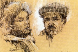 Man and Woman on the El III - drawing by Phil Kantz